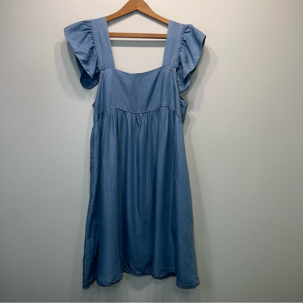 MIOU MUSE Chambray Light Denim Smocked Mini Baby Doll Dress Ruffle Sleeve Small